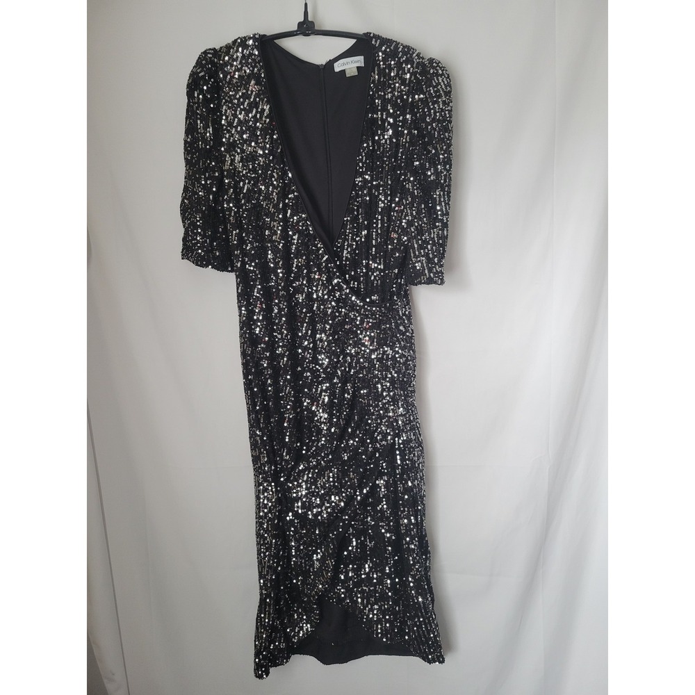 Calvin‎ Klein Women's Black Silver Sequin Wrap Midi Dress Puffed Sleeve Size 14